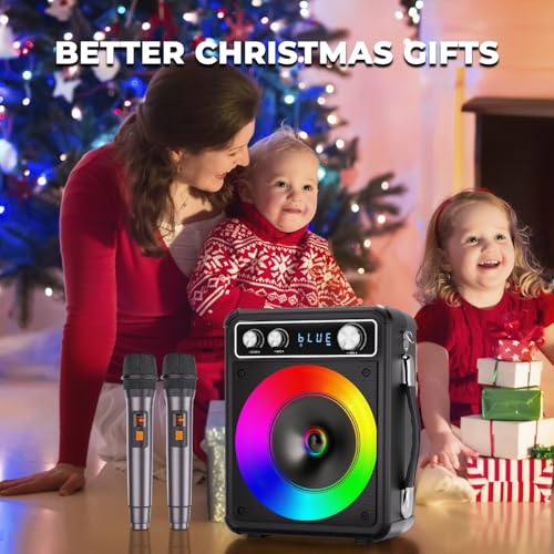 VOSOCO Karaoke Machine with 2 Wireless Microphones, Portable Bluetooth Speaker for Adults Kids, PA Systems Support TWS Echo Adjust TF USB AUX for Home Party Outdoor Travel