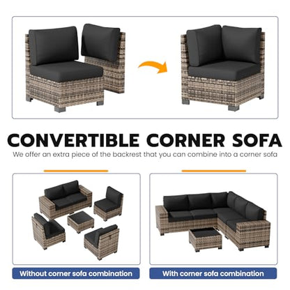 VONZOY Patio Furniture Set, Wide Armrest Outdoor Furniture Set with Thick Cushions, 6 Piece Wicker Rattan Patio Sectional Sofa for Backyard, Poolside, Garden