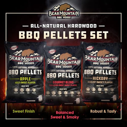 Bear Mountain 3-Pack Wood Pellets for Smoker, Grill & BBQ, 20 Lb, Apple, Hickory & Gourmet - Premium Hardwood Barbecue Pellets for Indoor and Outdoor Grilling