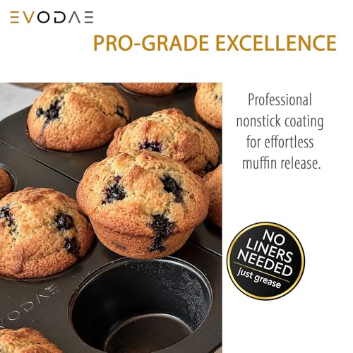 EVODAE Jumbo Muffin Pan, 2 Pack – Extra-Large Wide & Deep Cups, 12-Cup (2x6) Nonstick Carbon Steel – Texas Muffin Tin, Large Cupcake Pan – PFOA & PTFE Free, No Liners Needed, Gift Box