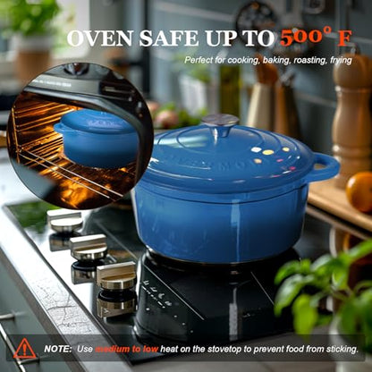 Overmont Enameled Cast Iron Dutch Oven - 7QT Pot with Lid Cookbook & Cotton Potholders - Heavy-Duty Cookware for Braising, Stews, Roasting, Sourdough Baking blue