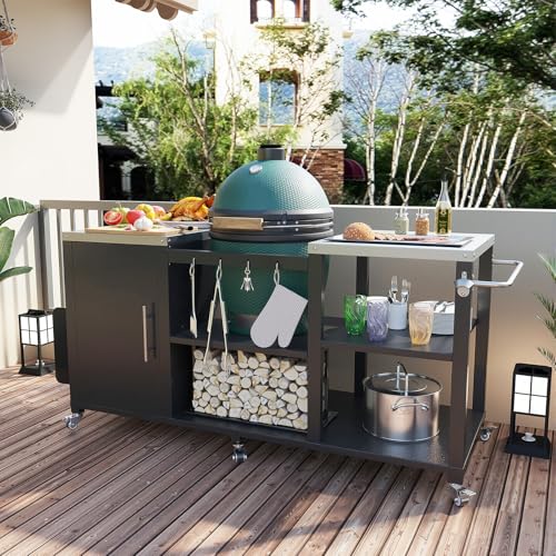 JFHID Outdoor Grill Table for Big Green Egg, Stainless Steel Grill Cart with Cabinet & Shelves, Heavy Duty 920LBS Outdoor Kitchen Island, Compatible with Large Big Green Egg, Kamado Joe Classic