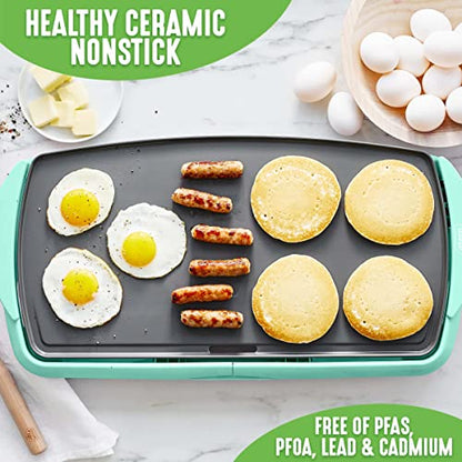 GreenLife 20” Extra Large Electric Griddle, Non-Toxic PFAS & PFOA-Free Ceramic Nonstick, Temperature Control, Quick Even Heating, Removable Drip Tray, Pancakes, Eggs, Sausage, Easy Clean, Turquoise