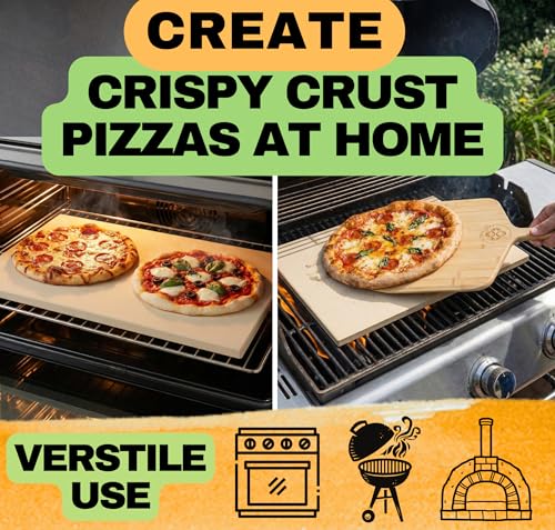 Large Pizza Stone for Oven and Grill 20 Inch - Cordierite Pizza Stones with Wooden Pizza Peel, Dough Tool & Pizza Cutter Set -Makes Crispy Homemade Pizza & Bread - 20" x 13.5" Baking Stone