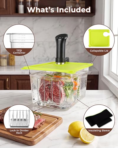 EVERIE 12Qt Sous Vide Container Kit w/Collapsible Lid + Lock-In Divider Rack + Insulating Sleeve – For Long Cooks, Fits Most Clamp-Style Circulators