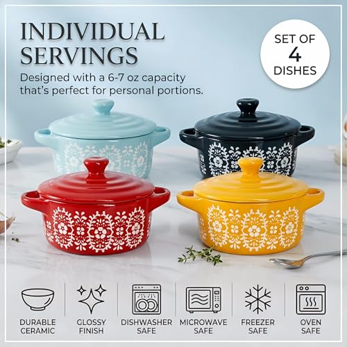 Goaste 4 Pack Porcelain Ramekins with Lids, 7 OZ Mini Casserole Dish with Handles, Round Ceramic Cocotte Bowl Set, Individual Small Baking Dish for Souffle, Creme Brulee, Lava Cake, Soup (4 Colors)