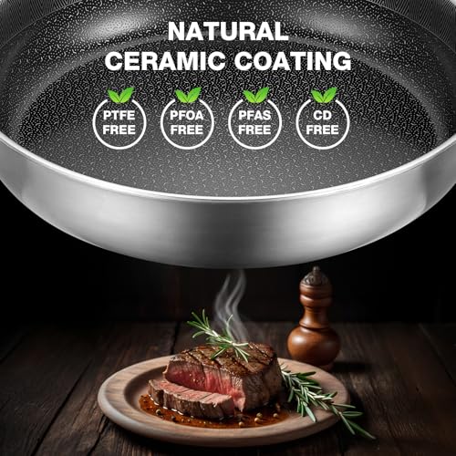 PekGema Hybrid Nonstick Frying Pan 10inch，5-Ply Stainless Steel Skillet,Ceramic Coating PFAS-Free.Oven-Safe 500°F,Compatible with All Cooktops,Stay-CoolHandle,Dishwasher-Friendly