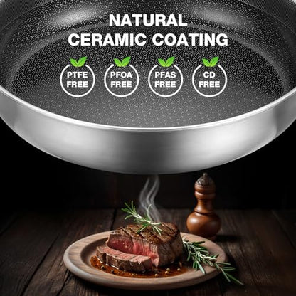 PekGema Hybrid Nonstick Frying Pan 10inch，5-Ply Stainless Steel Skillet,Ceramic Coating PFAS-Free.Oven-Safe 500°F,Compatible with All Cooktops,Stay-CoolHandle,Dishwasher-Friendly