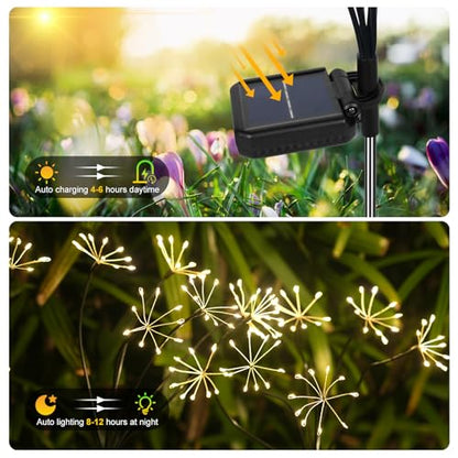 Solar Garden Lights 2 Pack Twinkling Solar Firework Lights with 2 Modes 120LED, Solar-Powered Light for Outside Yard Pathway Garden Decor Outdoor Waterproof, Gardening Gifts for Women Mothers Day,Warm