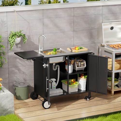 ahomrt Outdoor Grill Table with Sink, Metal Worktable Kitchen Cabinet Island w/ 304 Stainless Steel Sink, Foldable Top and Storage Cabinet, Rolling Grill Cart with Wheels for Garden, Backyard and Lawn