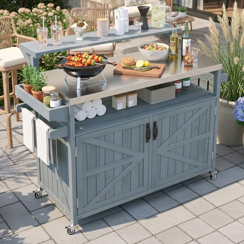 Merax 53.3" Outdoor Kitchen Island with Raised Shelf, Solid Wood Storage Cabinet with Stainless Steel Top, Rolling Grill Cart, Adjustable Shelf, Grey Blue