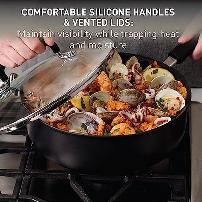 T-fal Ultimate Hard Anodized Nonstick Pots and Pans Set 14 Piece, Oven Broiler Safe 400F, Kitchen Cooking Set w/Fry Pans, Saucepans, Griddle, Dutch Oven, Dishwasher Safe, Cookware, Onyx