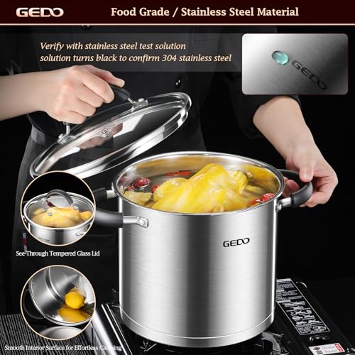 GEDO Food-Grade 304 Stainless Steel Stock Pot, Thickened Cooking Pot with Tempered Glass Lid, Heat-Resistant Handles, Fits All Stovetops for Soup Stew Canning, Dishwasher Safe (10, Quarts)