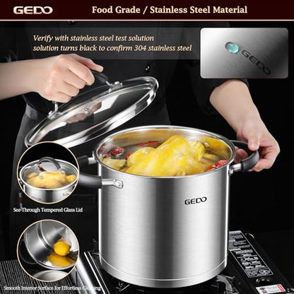 GEDO Food-Grade 304 Stainless Steel Stock Pot, Thickened Cooking Pot with Tempered Glass Lid, Heat-Resistant Handles, Fits All Stovetops for Soup Stew Canning, Dishwasher Safe (10, Quarts)