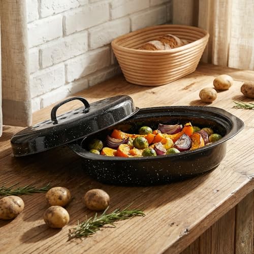 13” Enamel Roaster With Lid Oval Roasting Pan For Oven,Turkey Roaster Pot Broiler Pan Chicken Vegetables Suitable For Dining With Two People High Cookware Small Baking Pan