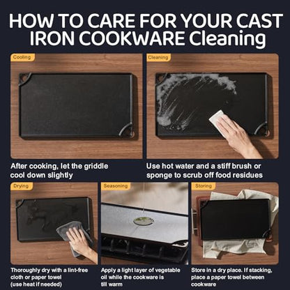 EWFEN Reversible Grill/Griddle, 16.7x9.5'' Pre-Seasoned Cast Iron Griddle Pan, Double Burner Cookware, Rectangular Non-Stick Stovetop Griddle with Handles, Flat Top Plate for Oven, Grill & Campfire