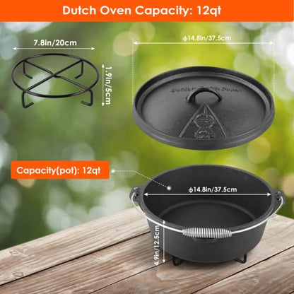 LIFERUN Dutch Oven Pot with Lid, 12 Quart Cast Iron Dutch Oven, without Feet, with Stand & Spiral-shaped Handle, Cast Iron Pot for Outdoor & Indoor, black