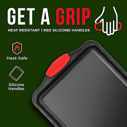 2 Piece Set Nonstick Carbon Steel Oven Bakeware -Professional Quality Kitchen Cooking Baking Trays -PFOA, PFOS, PTFE-Free Medium & Large Baking Sheet Pans with Red Silicone Handles