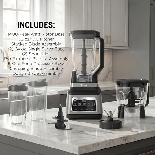 Ninja BN801 Professional Plus Kitchen System, 1400 WP, 5 Functions for Smoothies, Chopping, Dough & More with Auto IQ, 72-oz.* Blender Pitcher, 64-oz. Processor Bowl, (2) 24-oz. To-Go Cups, Grey
