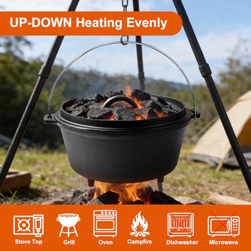 Blingco 8QT Pre-Seasoned Cast Iron Camp Dutch Oven with Lid, Large Camping Dutch Oven Pot, incl. Lid Lifter - Dual Handles - for Outdoor Campfire, Grill, Oven & Stovetop Cooking-Black