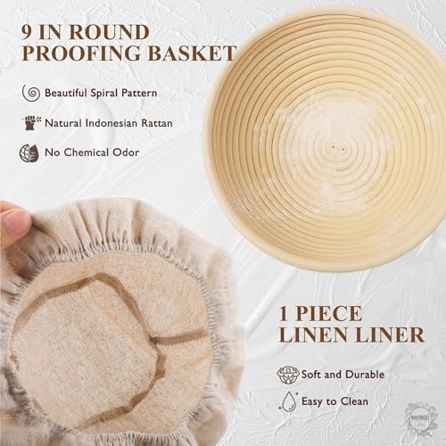 Complete Sourdough Starter Kit, Sourdough Bread Baking Supplies, Banneton Bread Proofing Basket with Sourdough Starter Jar, 9inch Round Bread Proofing Basket, for Bread Baking