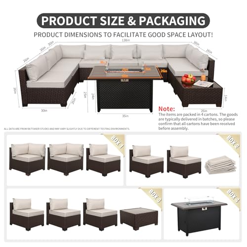 Rattaner 10 Pieces Outdoor Sectional All-Weather Wicker Patio Furniture Set Patio Sectional and Steel Fire Table and Glass Patio Table Non-Slip Cushions and Waterproof Covers, Beige