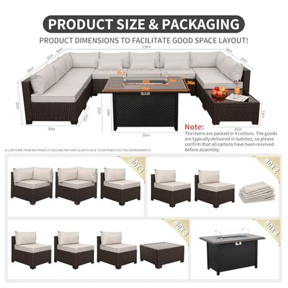 Rattaner 10 Pieces Outdoor Sectional All-Weather Wicker Patio Furniture Set Patio Sectional and Steel Fire Table and Glass Patio Table Non-Slip Cushions and Waterproof Covers, Beige