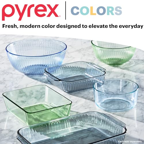 Pyrex Colors Tinted (3-Pack, Full Set) Sculpted Tinted Glass Mixing Bowls With Plastic Lids, Nesting Space Saving Set of Bowls For Prepping and Baking, 1.3QT, 2.3QT & 4.5QT