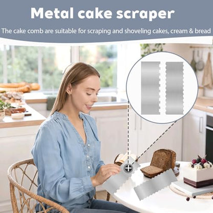 2 Pcs Stainless Metal Cake Scraper Smoother Double Sided Patterned Edge Cake Decorating Supplies Spatula Frosting Icing Tools Comb for Icing Cakes Buttercream Decorating