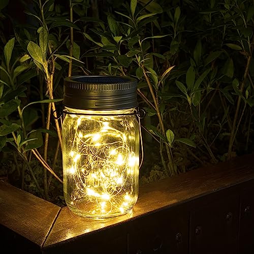 GIGALUMI Hanging Mason Jar Solar Lights, 6 Pack 30 Led Hanging Solar Lanterns Outdoor Waterproof, Hangers and Jars Included, Outdoor Decor for Balcony, Garden, Patio, Yard, Wedding