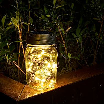 GIGALUMI Hanging Mason Jar Solar Lights, 6 Pack 30 Led Hanging Solar Lanterns Outdoor Waterproof, Hangers and Jars Included, Outdoor Decor for Balcony, Garden, Patio, Yard, Wedding