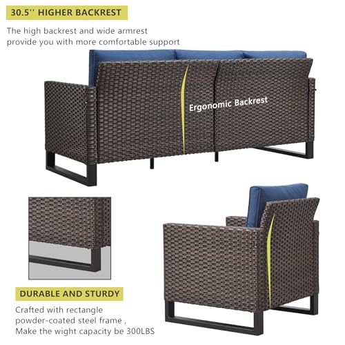 HUMMUH 10 Piece Patio Furniture Set PE Wicker 12-Seater Outdoor Sectional Sofa Set with Patio Swivel Chairs Dinning Table Ottomans for Porch,Garden,Backyard,Deck(Brown/Blue)