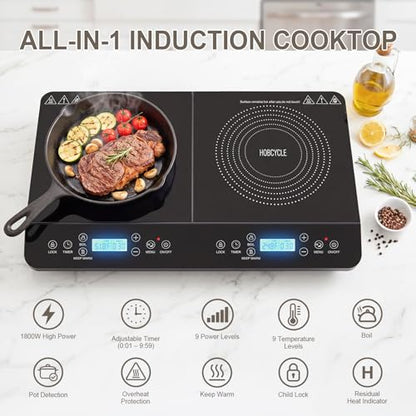 HOBCYCLE Double Induction Cooktop 2 Burner, 1800W Portable Electric Stove with 9 Temperature Settings, LED Display, Safety Lock & Timer, 110v-120v Induction Burners for Kitchen, RV