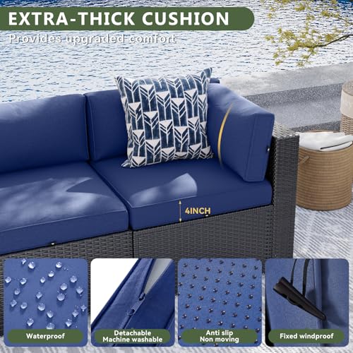 Aoxun 8 Piece Patio Furniture Set with 44” Fire Pit Table, Wicker Patio Sectional Sofa, Outdoor Furniture Set with Thickened Cushion, Blue