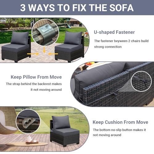 Jing's Villa 7-Piece Patio Furniture Set, All-Weather Outdoor Wicker Sectional Sofa with Cushions, Tempered Glass Table & Ottoman, Rattan Conversation Seating for Porch, Garden, Backyard,Grey