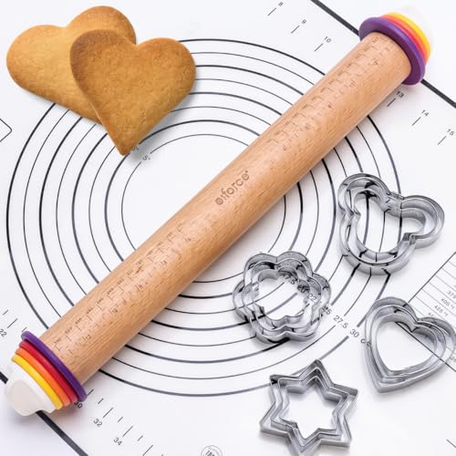 Olforce Wooden Rolling Pin with Thickness Rings and Pastry Baking Mat, Pizza, Cookie, Bread, Pie Crusts,Roller Rod for Dough Thickness, 13.6" with 4 Multicolored Thickness Rings&Cookie Molds