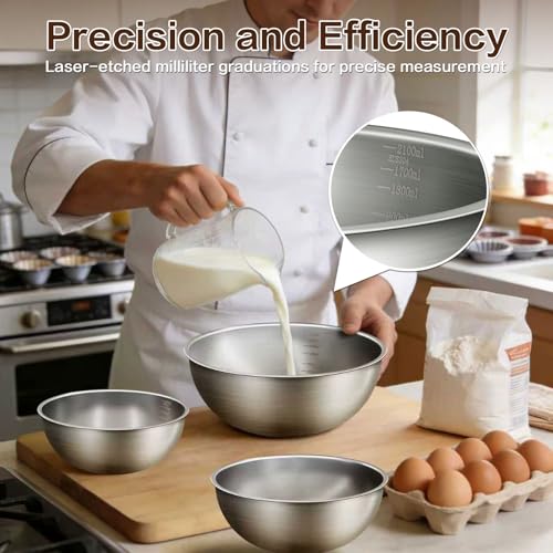 Gronivex Stainless Steel Mixing Bowls Set of 3 (1.5, 2.2 & 3.4 Qt) – Food Grade 304, Thicker-Gauge, Stackable Nesting – Classic Everyday Set for Baking, Salad Prep & Cooking