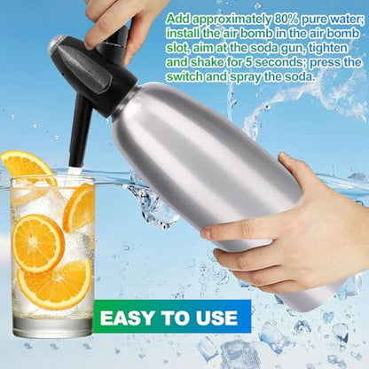 Soda Siphon, 1L Portable Seltzer Maker - Retro-Style Sparkling Water Machine for Homemade Carbonated Drinks, Juices & Cocktails, Uses 8g CO2 Cartridges (Cartridges Not Included) - Silver
