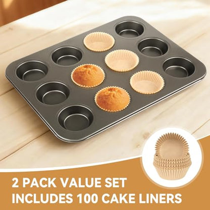 Artcochan 2 Pack Muffin Pan with 100 Cupcake Liners, 12 Cup Nonstick Cupcake Pan for Baking, Carbon Steel Baking Supplies Muffin Tin