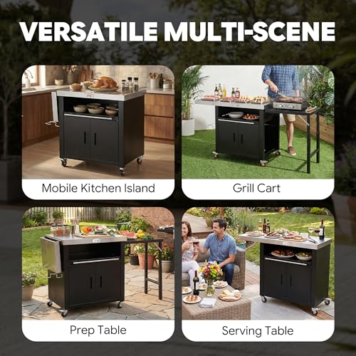 Outdoor Kitchen Island with Cabinet, Outdoor Grill Table with Stainless Steel Top for Pizza Oven& Griddles, Movable Bar Cart with Pull-Out Plate for Parties& Gathering, Heavy-Duty, L74”x W24”