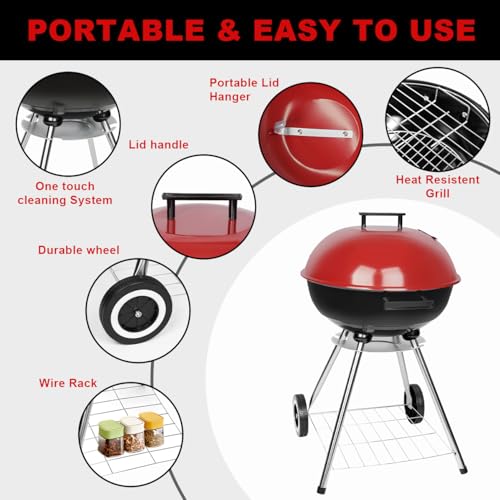paxlloonge Charcoal Grills, Outdoor BBQ Grill with Side Table, Charcoal Grill with Wheels for Outdoor Grilling/Tabletop Cooking-Red