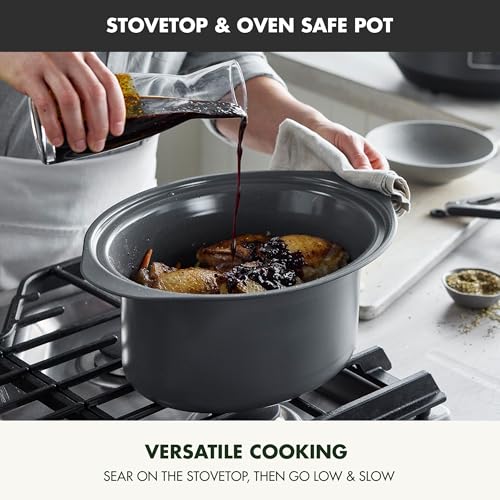GreenPan 8QT Locking Lid Slow Cooker, Ceramic Nonstick PFAS-Free Removeable Bowl, Silicone & Glass Rim, Travel Friendly, Multi-Cooker, Stovetop Searing & Oven Safe 400°F Dishwasher Safe Parts,Graphite