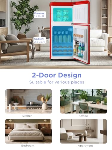 F.W.WOOLWORTHS 3.5 Cu.Ft Fridge with Freezer, Refrigerator with 2 Doors for Office, Kitchen, Dorm and Bedroom, Fridge with 7 Level Temp Adjustable Thermostat, Red