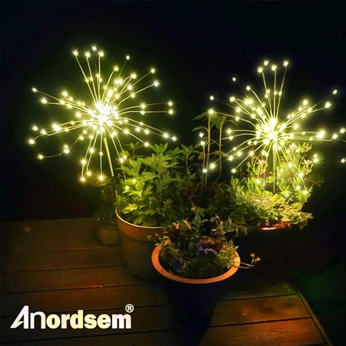 Anordsem Solar Lights Outdoor Decorative: Bendable Copper Wire with 120 LED Firework Beads - Waterproof 2 Warm Lighting Modes Yard Garden Patio - Christmas Gifts for Homeowner Over 30