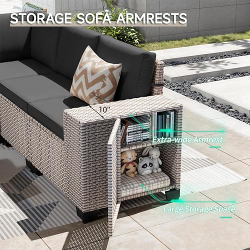 wallowsun 16-Piece Outdoor Patio Furniture Set, Modular Sectional Sofa Set with Swivel Rocker Chairs & Fire Pit, Wicker Outdoor Couch Conversation Sets w/Coffee Table and Cushions, Black
