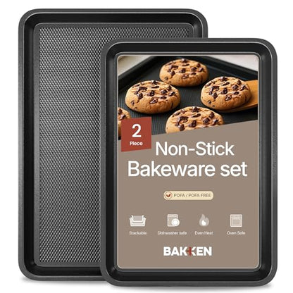 Diamond Bottom Cookie Sheet Set of 2, Nonstick Gray Carbon Steel Baking Pans for Crisp Baking, Space-Saving Stackable Trays, PFOA, PFOS, PTFE Free, Oven Safe Up to 450°F, Small & Medium Pans