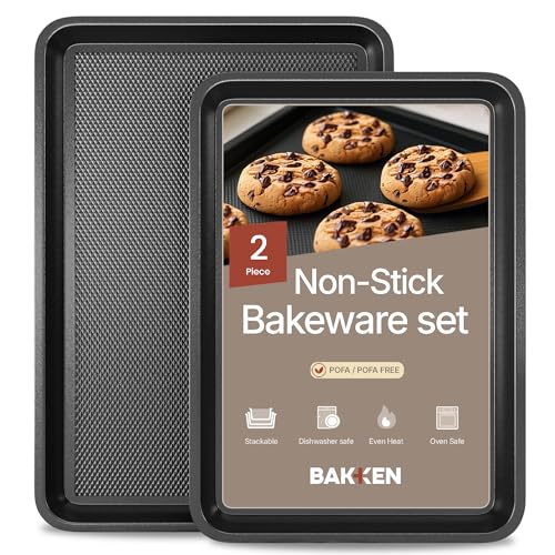 Diamond Bottom Cookie Sheet Set of 2, Nonstick Gray Carbon Steel Baking Pans for Crisp Baking, Space-Saving Stackable Trays, PFOA, PFOS, PTFE Free, Oven Safe Up to 450°F, Small & Medium Pans