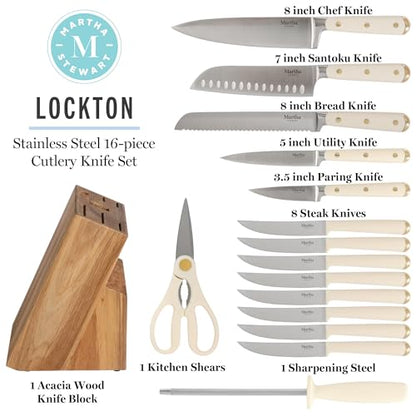 Martha Stewart Knife Block Set 16-Piece - Lockton High Carbon Stainless Steel Forged Full Tang Chef Knives, Acacia Wood Block, Triple Riveted Handles, Linen White & Gold