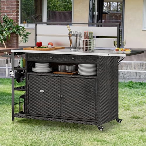 YITAHOME XL Outdoor Kitchen Island, Outdoor Bar Table & Storage Cabinet, Wheels and Stainless Steel Extended Table Top, Side Handle for Patio Kitchen or Bar Cart, Dark Brown