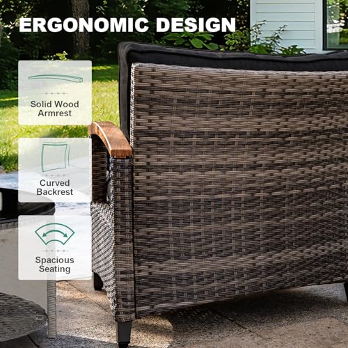 MEISSALIVVE 9-Piece Half-Moon Curved Outdoor Patio Furniture Set, Sectional Conversation Sofa with Wood Armrests, Coffee & Side Tables for Backyard Deck Garden, Black